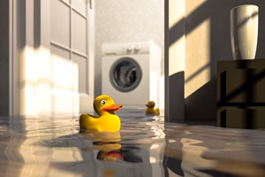 flooded room with rubber duck floating in water, washer in background